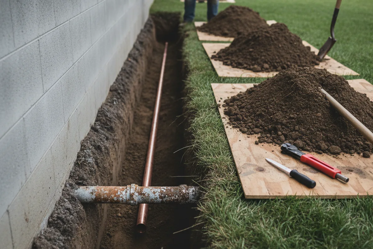Excavated water line trench during Sewer Line Repair in Natalbany